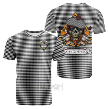 Shepherd Tartan Cotton T-shirt with Family Crest and Bearded Skull Holding Bottles of Whiskey