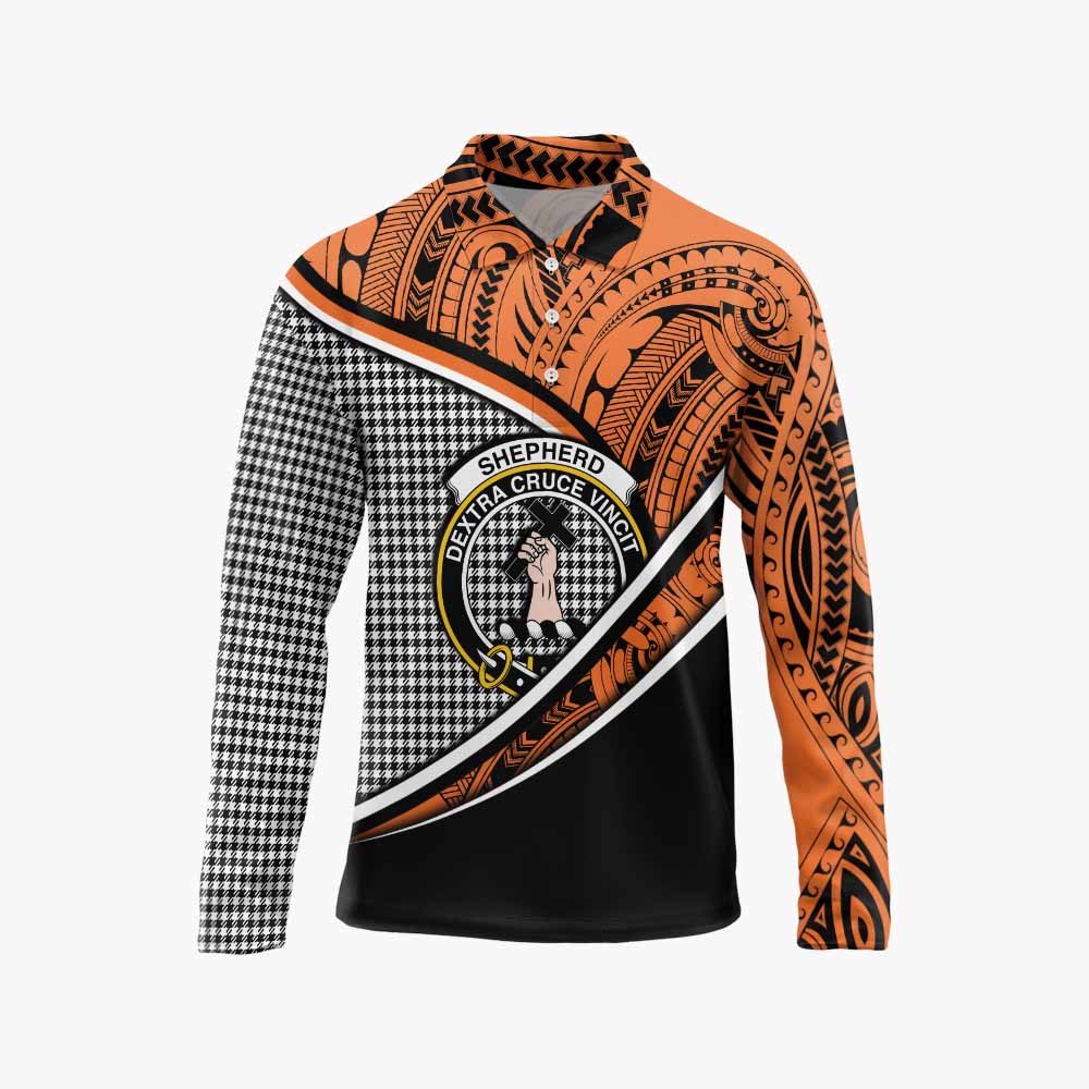 Tartan Vibes Clothing Shepherd Crest Tartan Long Sleeve Polo Shirt with Maori Tattoo Style - Orange Version