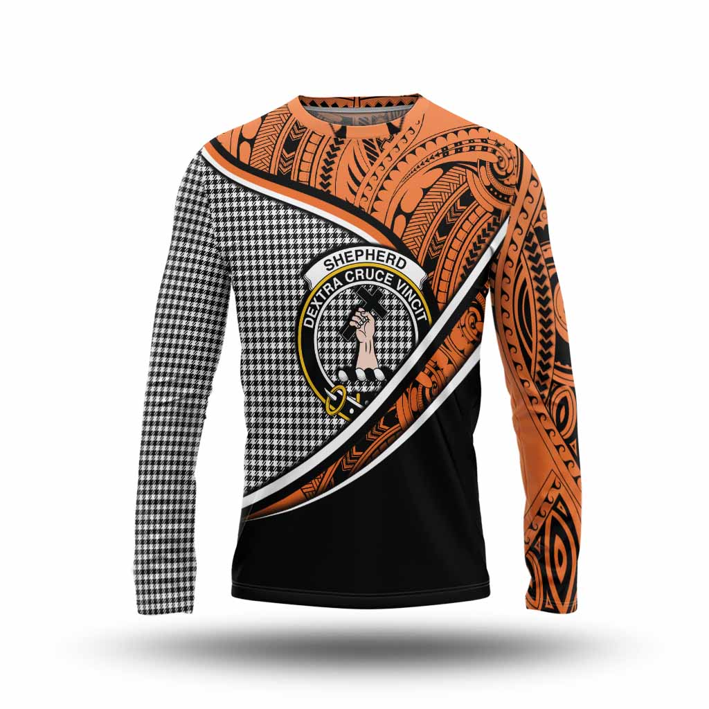 Tartan Vibes Clothing Shepherd Crest Tartan Long Sleeve T-Shirt with Maori Tattoo Style - Orange Version