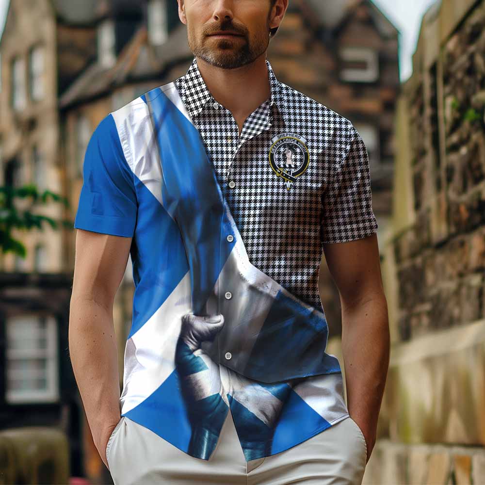 Tartan Vibes Clothing Shepherd Tartan Short Sleeve Button Shirt with Family Crest Scotland Patriotic Style