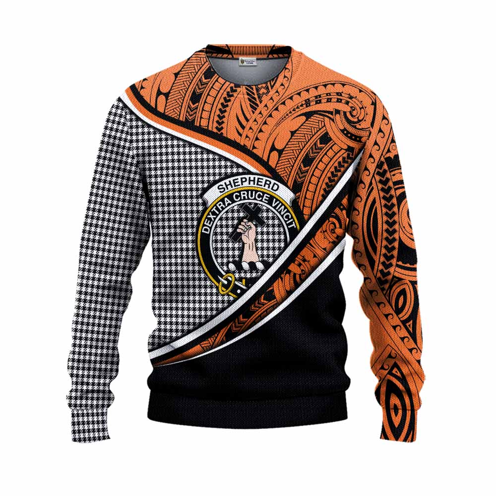 Tartan Vibes Clothing Shepherd Crest Tartan Knitted Sweater with Maori Tattoo Style - Orange Version