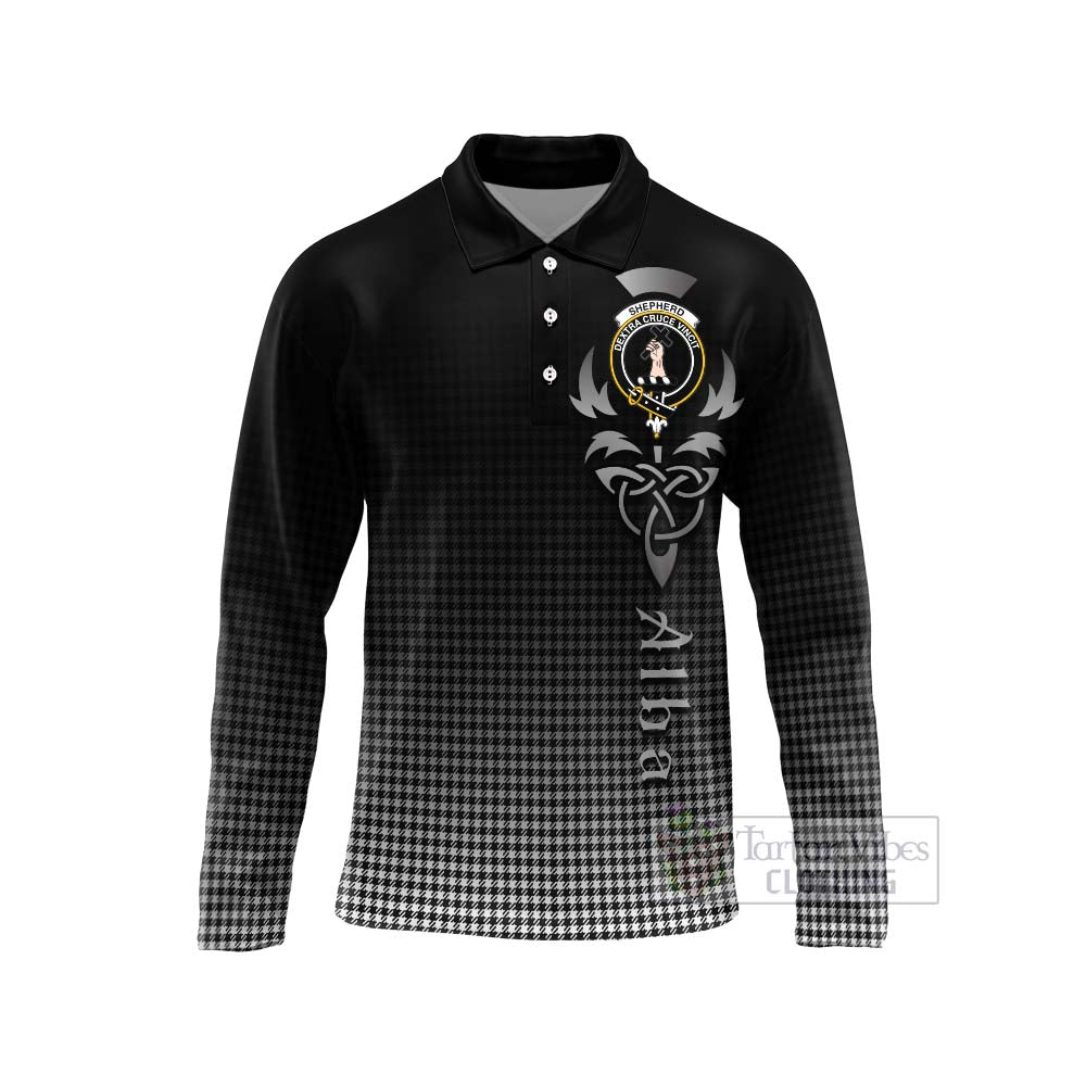 Tartan Vibes Clothing Shepherd Tartan Long Sleeve Polo Shirt Featuring Alba Gu Brath Family Crest Celtic Inspired