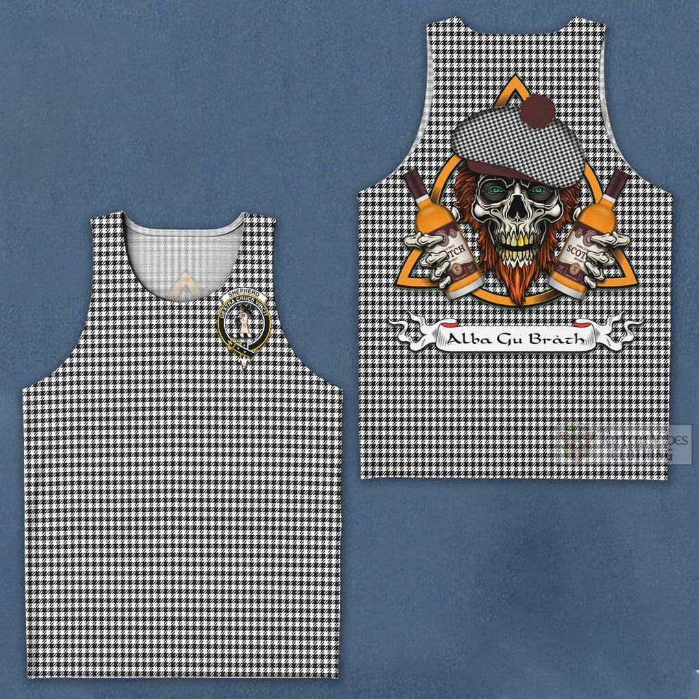 Tartan Vibes Clothing Shepherd Tartan Men's Tank Top with Family Crest and Bearded Skull Holding Bottles of Whiskey