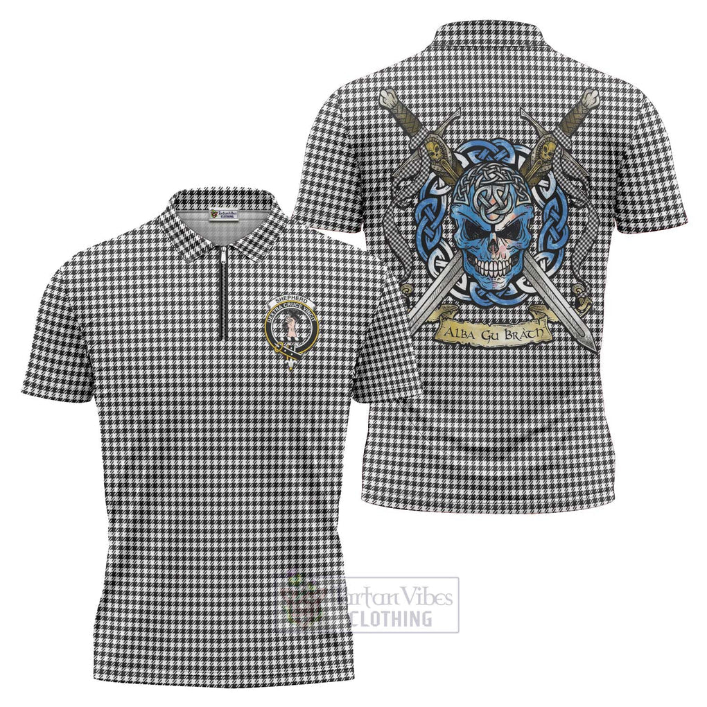 Tartan Vibes Clothing Shepherd Tartan Zipper Polo Shirt with Family Crest Celtic Skull Style