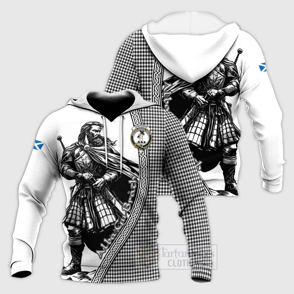 Tartan Vibes Clothing Shepherd Tartan Clan Crest Knitted Hoodie with Highlander Warrior Celtic Style