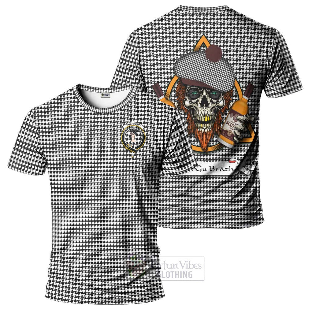 Tartan Vibes Clothing Shepherd Tartan T-Shirt with Family Crest and Bearded Skull Holding Bottles of Whiskey