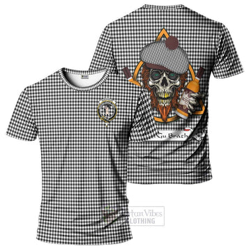 Shepherd Tartan T-Shirt with Family Crest and Bearded Skull Holding Bottles of Whiskey