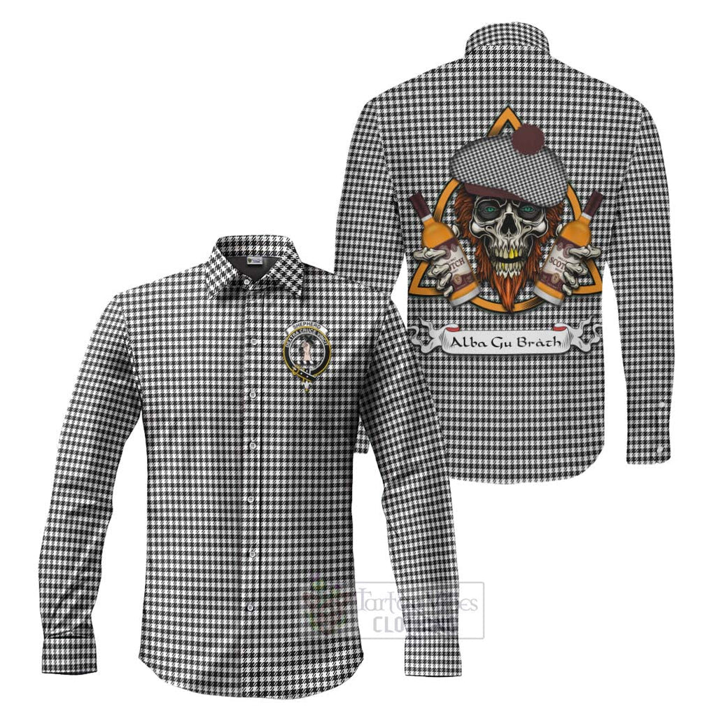 Tartan Vibes Clothing Shepherd Tartan Long Sleeve Button Shirt with Family Crest and Bearded Skull Holding Bottles of Whiskey