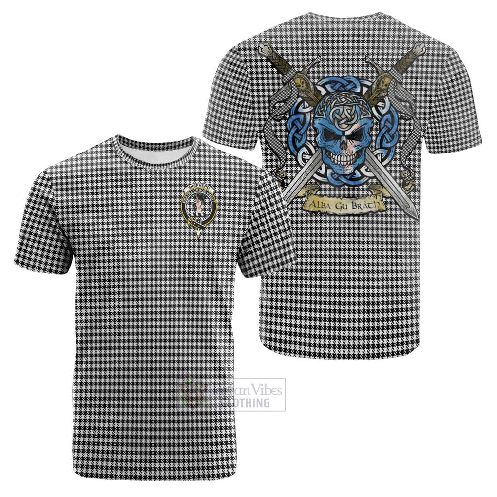 Tartan Vibes Clothing Shepherd Tartan Cotton T-shirt with Family Crest Celtic Skull Style