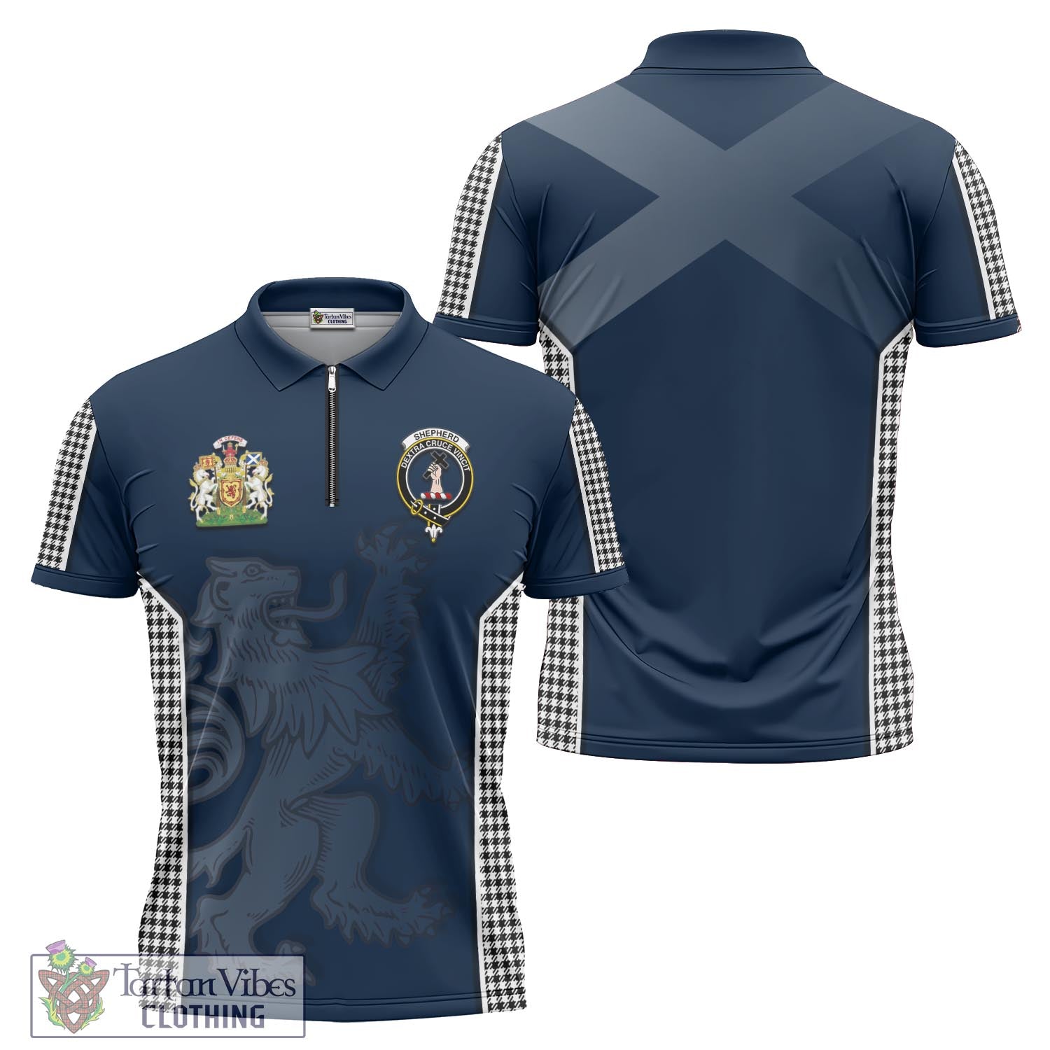 Tartan Vibes Clothing Shepherd Tartan Zipper Polo Shirt with Family Crest and Lion Rampant Vibes Sport Style