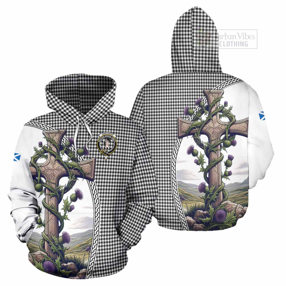 Tartan Vibes Clothing Shepherd Tartan Hoodie with Family Crest and St. Andrew's Cross Accented by Thistle Vines