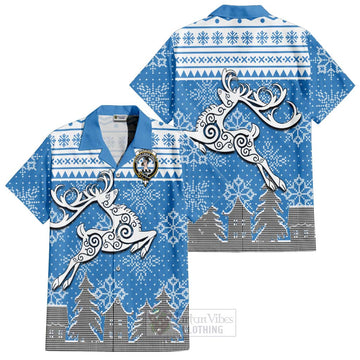 Shepherd Clan Christmas Short Sleeve Button Shirt Celtic Reindeer Style