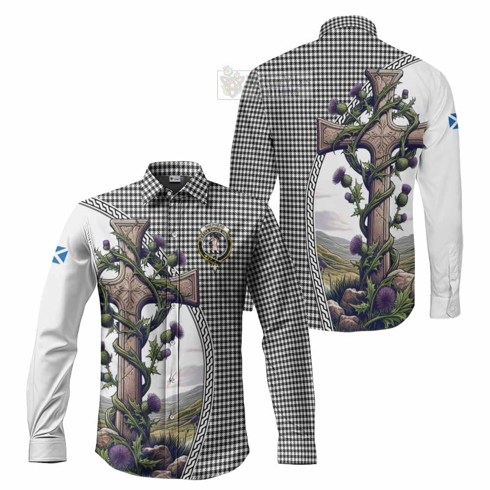 Tartan Vibes Clothing Shepherd Tartan Long Sleeve Button Shirt with Family Crest and St. Andrew's Cross Accented by Thistle Vines