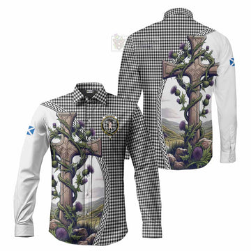 Shepherd Tartan Long Sleeve Button Shirt with Family Crest and St. Andrew's Cross Accented by Thistle Vines