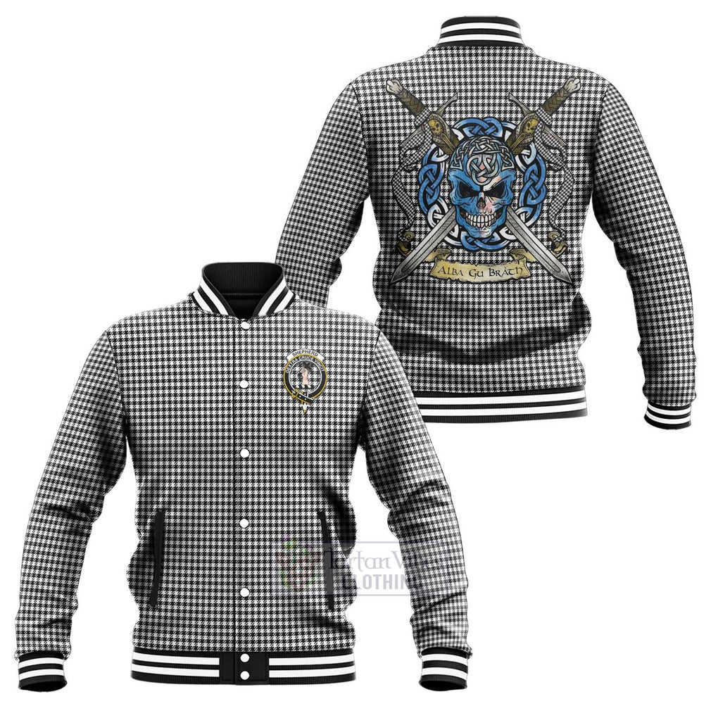 Tartan Vibes Clothing Shepherd Tartan Baseball Jacket with Family Crest Celtic Skull Style