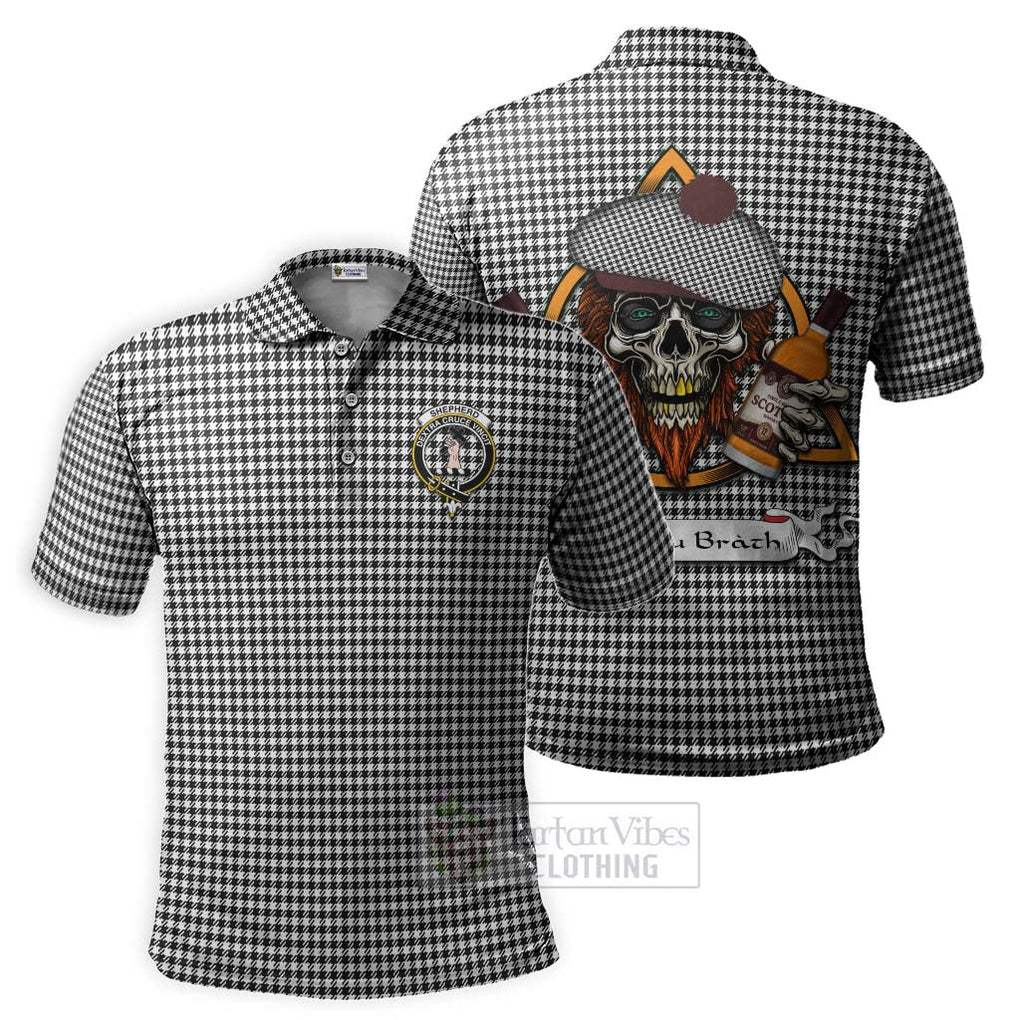 Tartan Vibes Clothing Shepherd Tartan Polo Shirt with Family Crest and Bearded Skull Holding Bottles of Whiskey