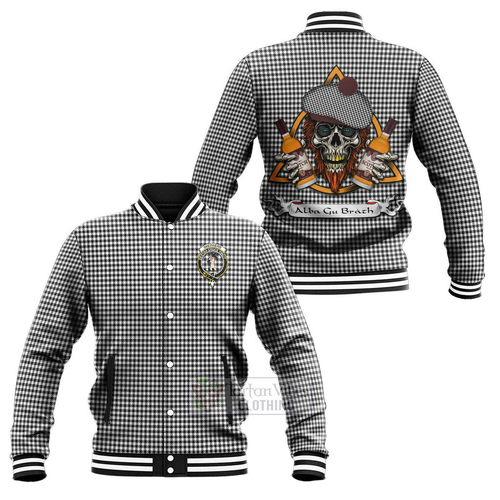 Tartan Vibes Clothing Shepherd Tartan Baseball Jacket with Family Crest and Bearded Skull Holding Bottles of Whiskey