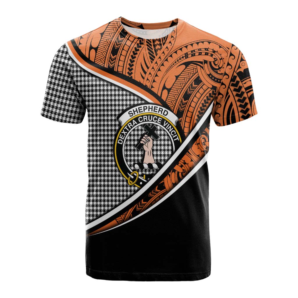 Tartan Vibes Clothing Shepherd Crest Tartan Cotton T-shirt with Maori Tattoo Style - Orange Version