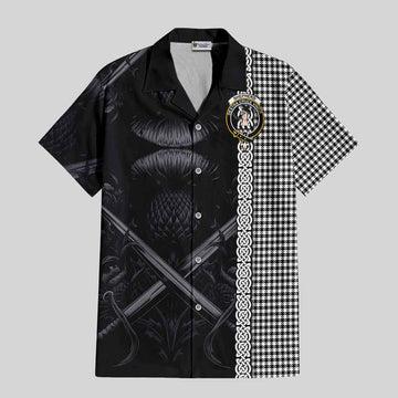 Shepherd Tartan Short Sleeve Button Shirt with Family Crest Cross Sword Thistle Celtic Vibes