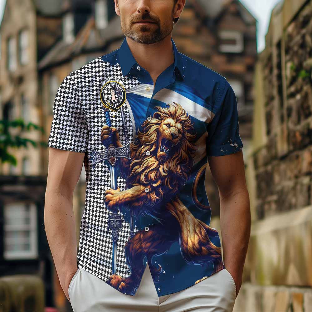 Tartan Vibes Clothing Shepherd Tartan Family Crest Short Sleeve Button Shirt with Scottish Majestic Lion