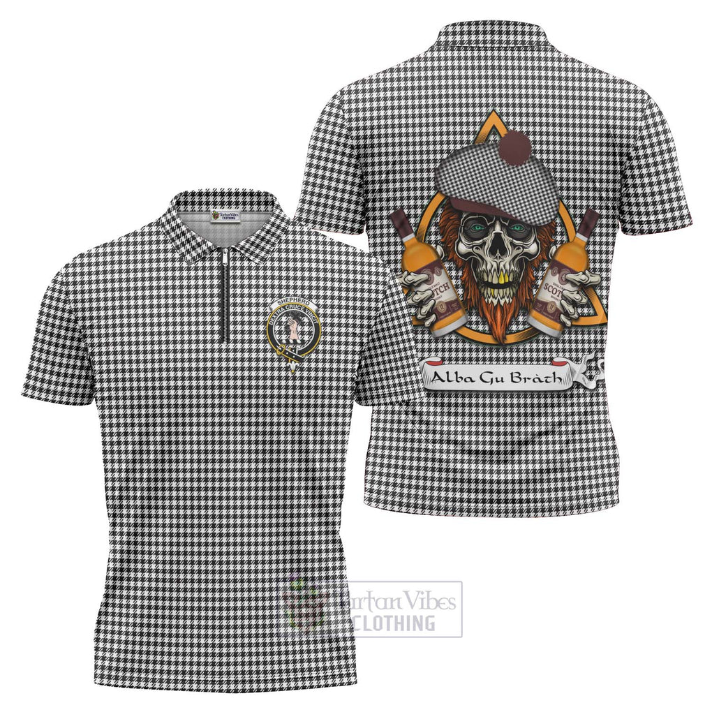 Tartan Vibes Clothing Shepherd Tartan Zipper Polo Shirt with Family Crest and Bearded Skull Holding Bottles of Whiskey