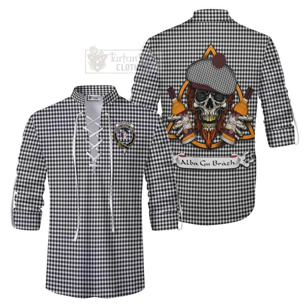 Tartan Vibes Clothing Shepherd Tartan Ghillie Kilt Shirt with Family Crest and Bearded Skull Holding Bottles of Whiskey