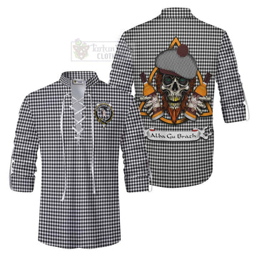 Shepherd Tartan Ghillie Kilt Shirt with Family Crest and Bearded Skull Holding Bottles of Whiskey