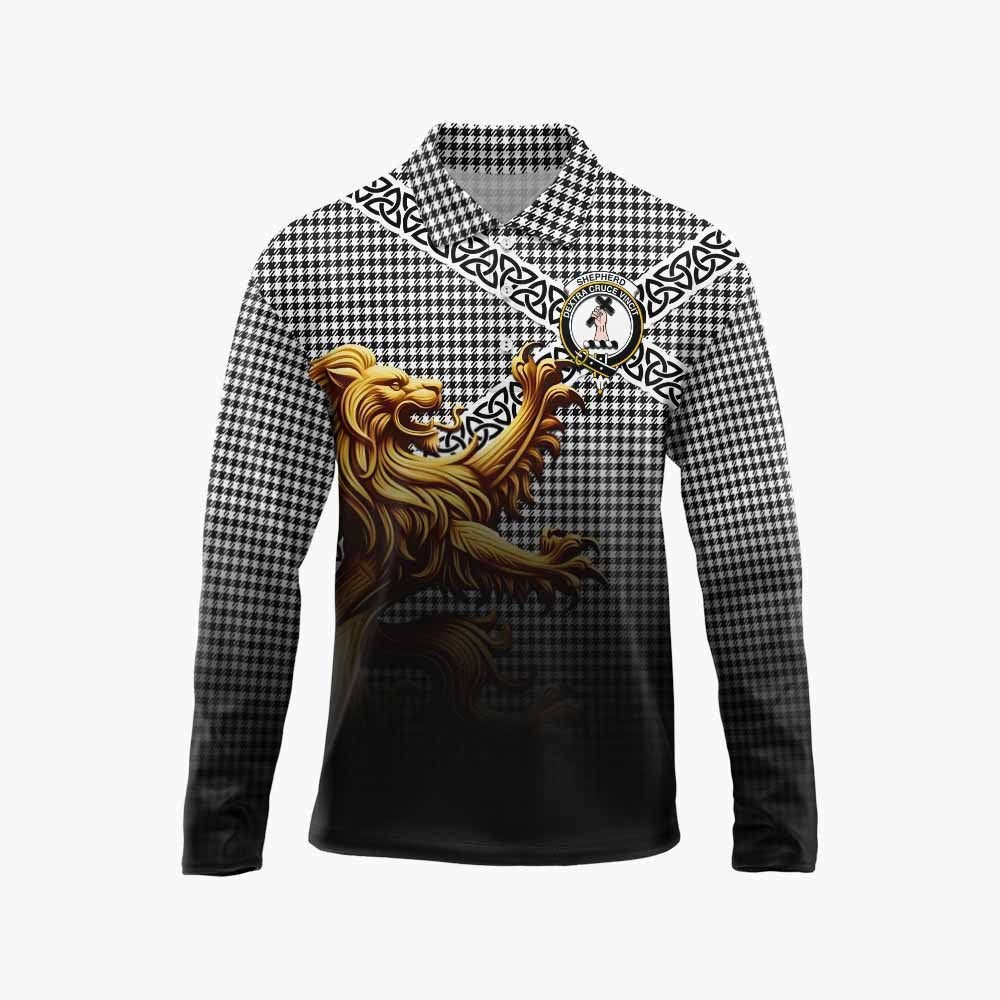 Shepherd Crest Tartan Long Sleeve Polo Shirt with Golden Lion Emblem Celtic Style Unisex - Tartan Vibes Clothing