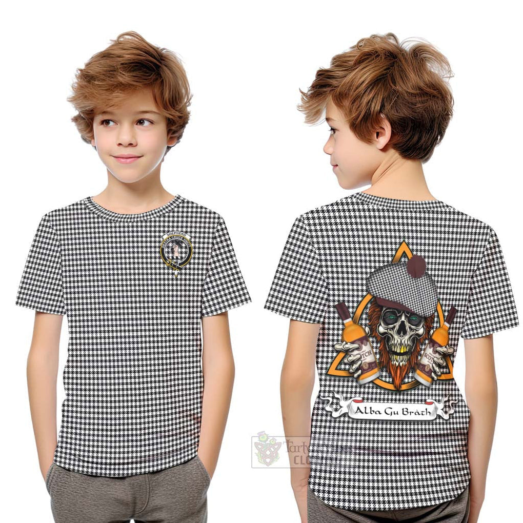 Tartan Vibes Clothing Shepherd Tartan Kid T-Shirt with Family Crest and Bearded Skull Holding Bottles of Whiskey