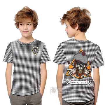 Shepherd Tartan Kid T-Shirt with Family Crest and Bearded Skull Holding Bottles of Whiskey