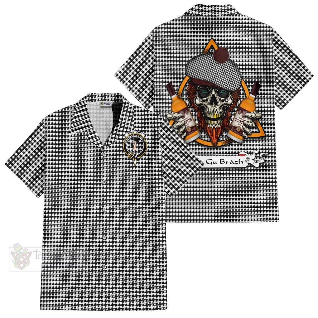 Tartan Vibes Clothing Shepherd Tartan Short Sleeve Button Shirt with Family Crest and Bearded Skull Holding Bottles of Whiskey