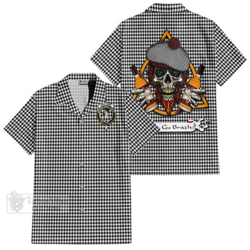 Shepherd Tartan Short Sleeve Button Shirt with Family Crest and Bearded Skull Holding Bottles of Whiskey