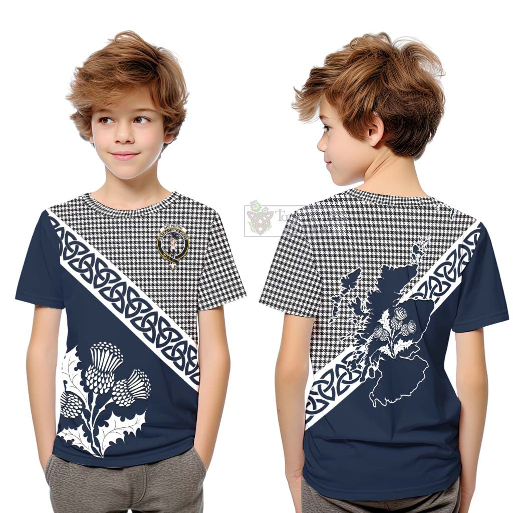 Tartan Vibes Clothing Shepherd Tartan Kid T-Shirt Featuring Thistle and Scotland Map