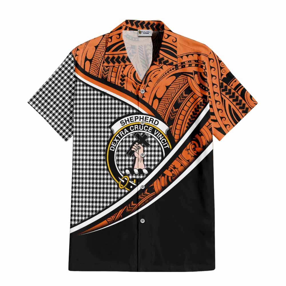 Tartan Vibes Clothing Shepherd Crest Tartan Short Sleeve Button Shirt with Maori Tattoo Style - Orange Version