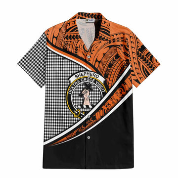 Shepherd Crest Tartan Short Sleeve Button Shirt with Polynesian Vibes Style - Orange Version