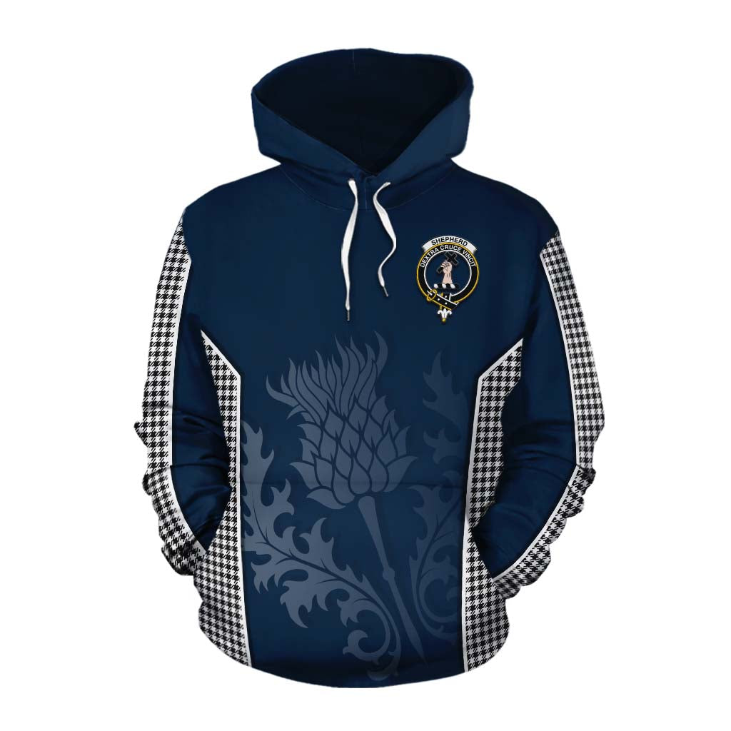 Tartan Vibes Clothing Shepherd Tartan Cotton Hoodie with Family Crest and Scottish Thistle Vibes Sport Style