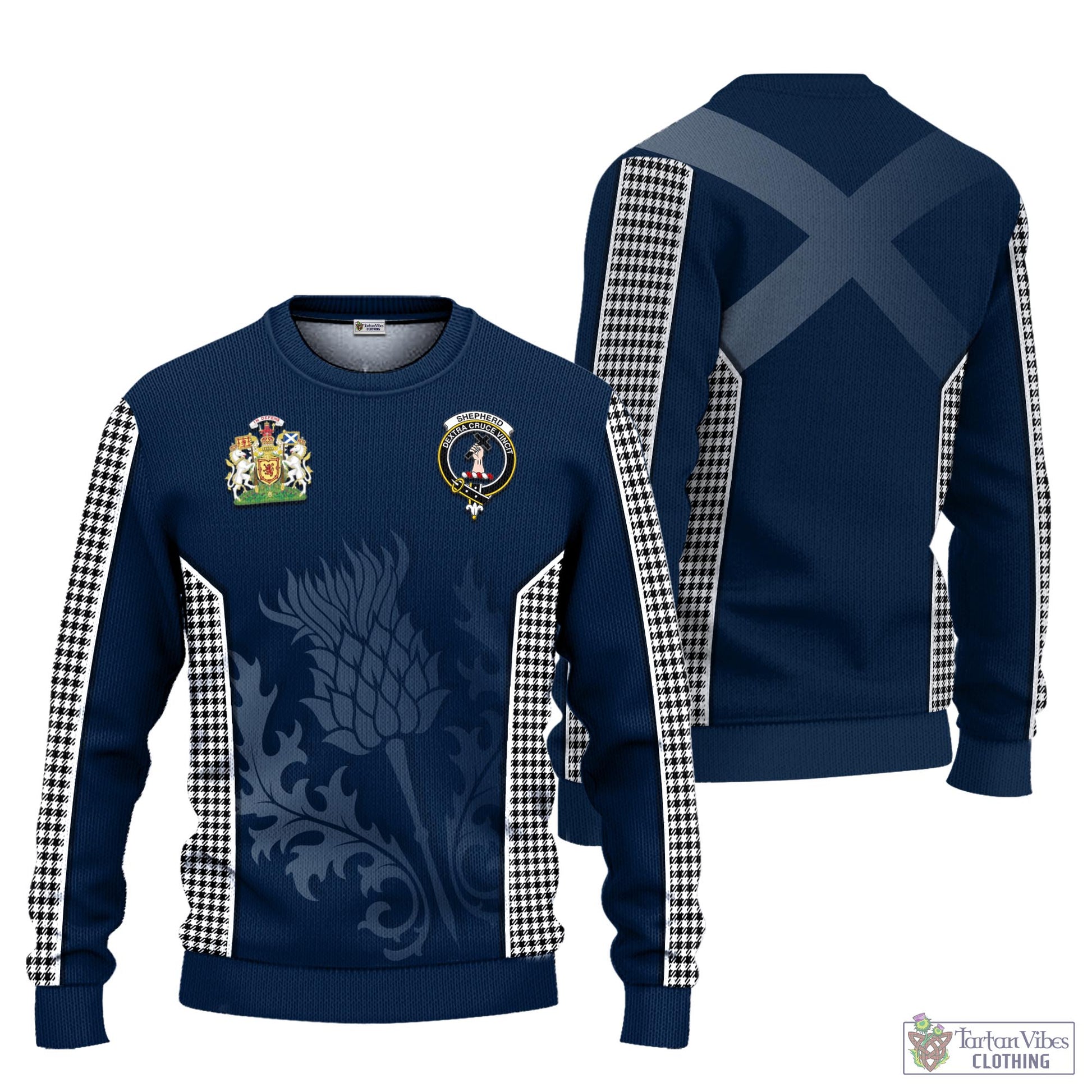 Tartan Vibes Clothing Shepherd Tartan Knitted Sweatshirt with Family Crest and Scottish Thistle Vibes Sport Style