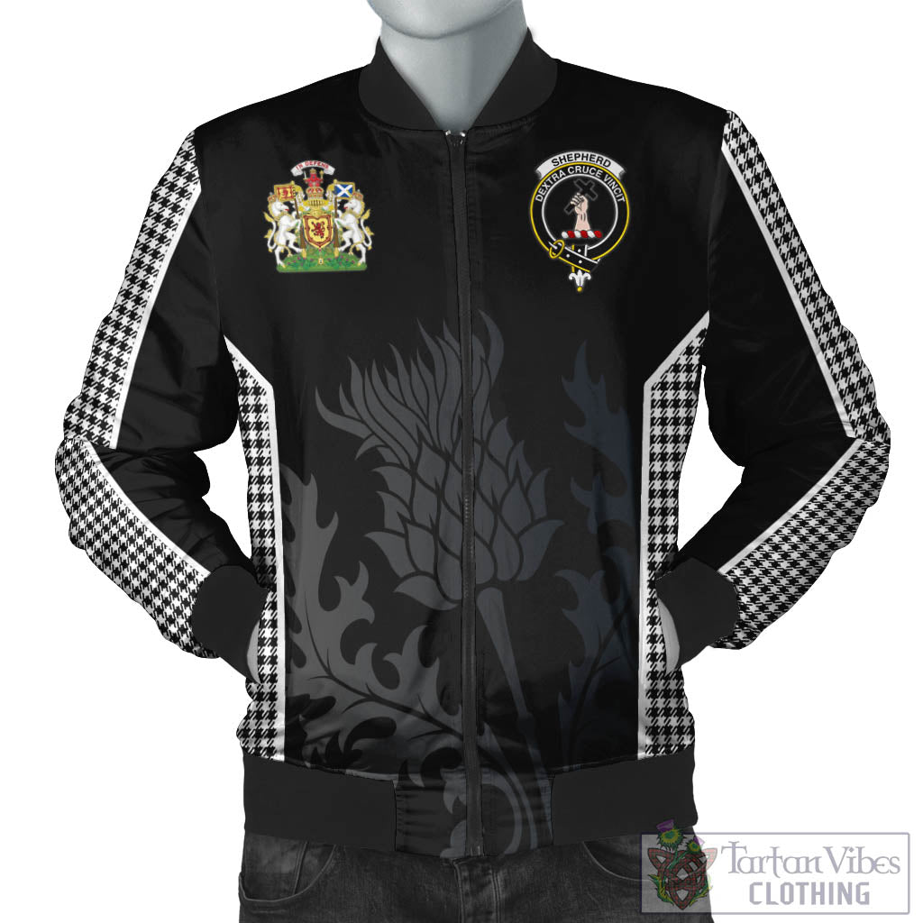 Tartan Vibes Clothing Shepherd Tartan Bomber Jacket with Family Crest and Scottish Thistle Vibes Sport Style