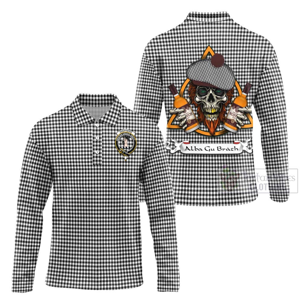 Tartan Vibes Clothing Shepherd Tartan Long Sleeve Polo Shirt with Family Crest and Bearded Skull Holding Bottles of Whiskey