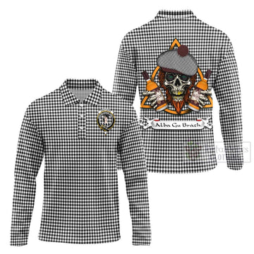 Shepherd Tartan Long Sleeve Polo Shirt with Family Crest and Bearded Skull Holding Bottles of Whiskey