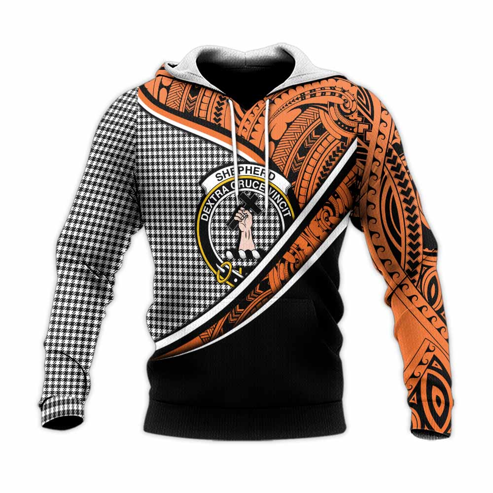 Tartan Vibes Clothing Shepherd Crest Tartan Knitted Hoodie with Maori Tattoo Style - Orange Version