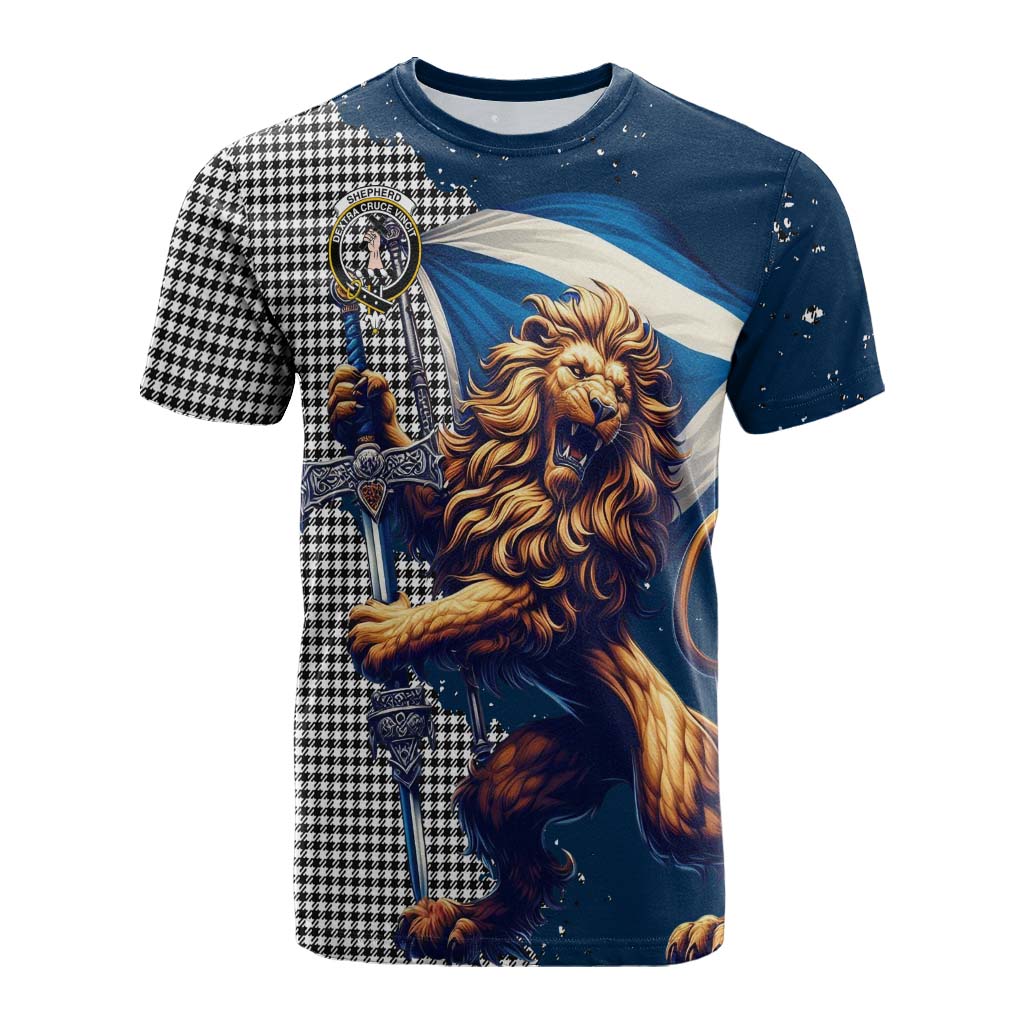 Tartan Vibes Clothing Shepherd Tartan Family Crest Cotton T-shirt with Scottish Majestic Lion