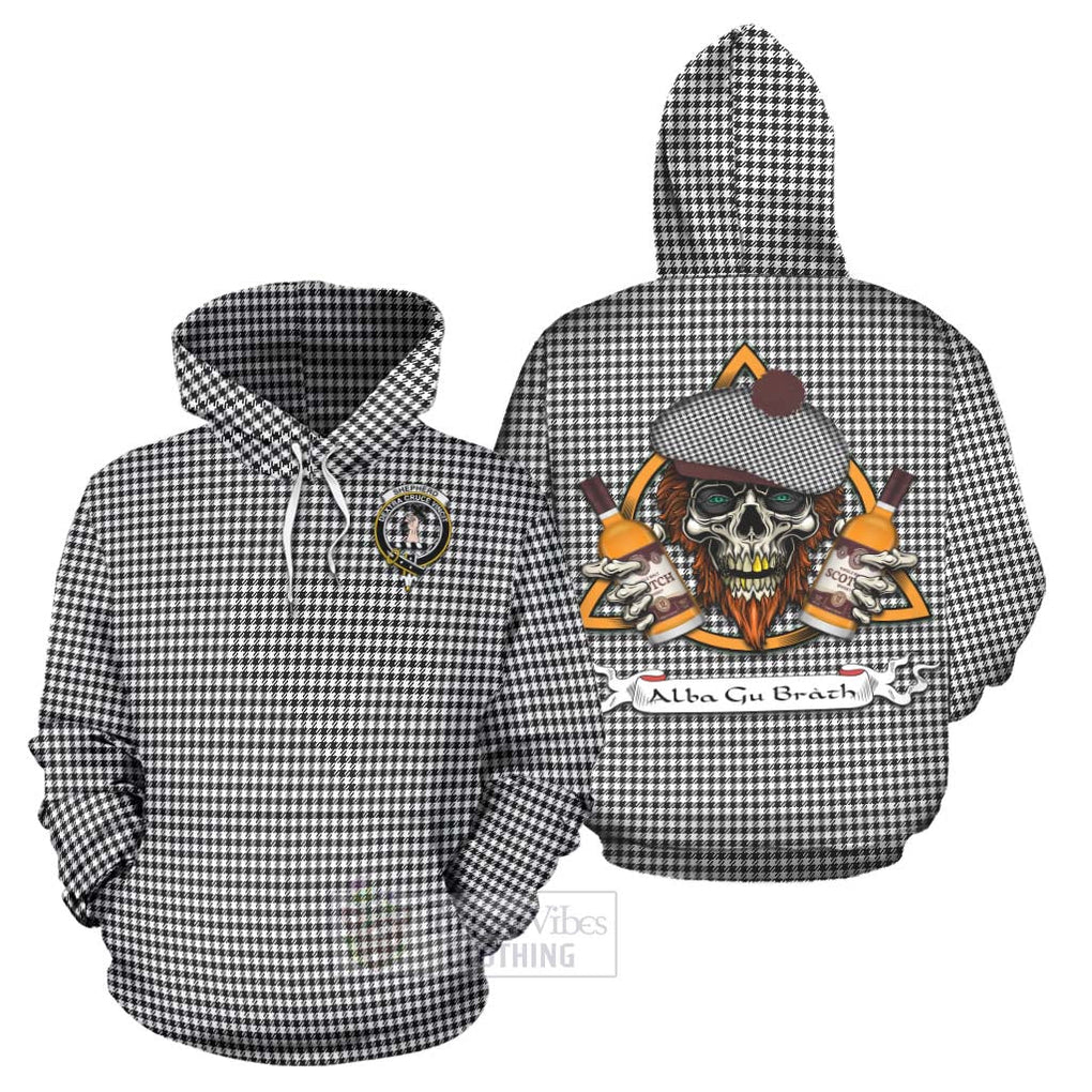 Tartan Vibes Clothing Shepherd Tartan Hoodie with Family Crest and Bearded Skull Holding Bottles of Whiskey