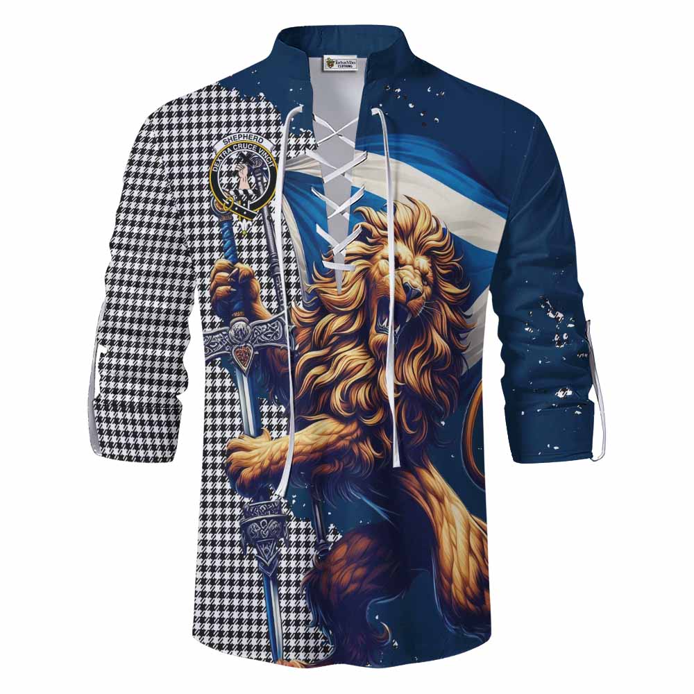 Tartan Vibes Clothing Shepherd Tartan Family Crest Ghillie Kilt Shirt with Scottish Majestic Lion