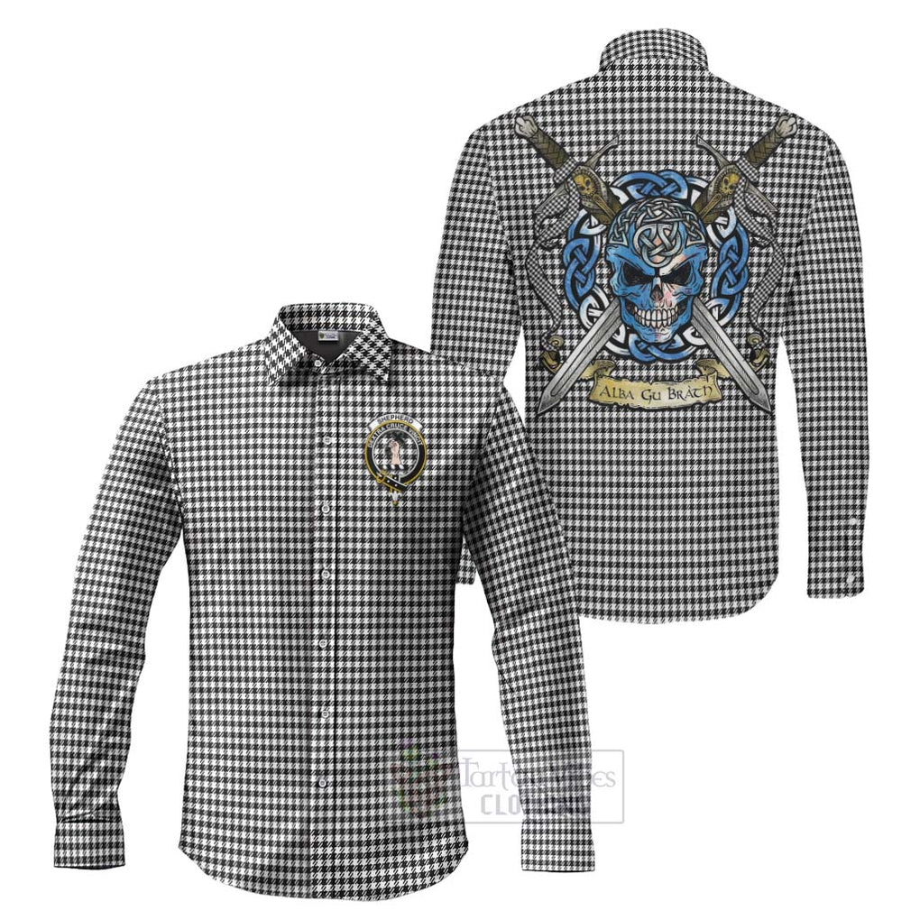 Tartan Vibes Clothing Shepherd Tartan Long Sleeve Button Shirt with Family Crest Celtic Skull Style