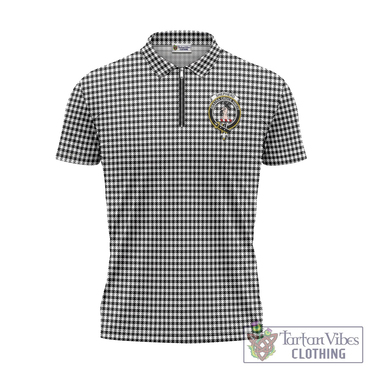 Tartan Vibes Clothing Shepherd Tartan Zipper Polo Shirt with Family Crest