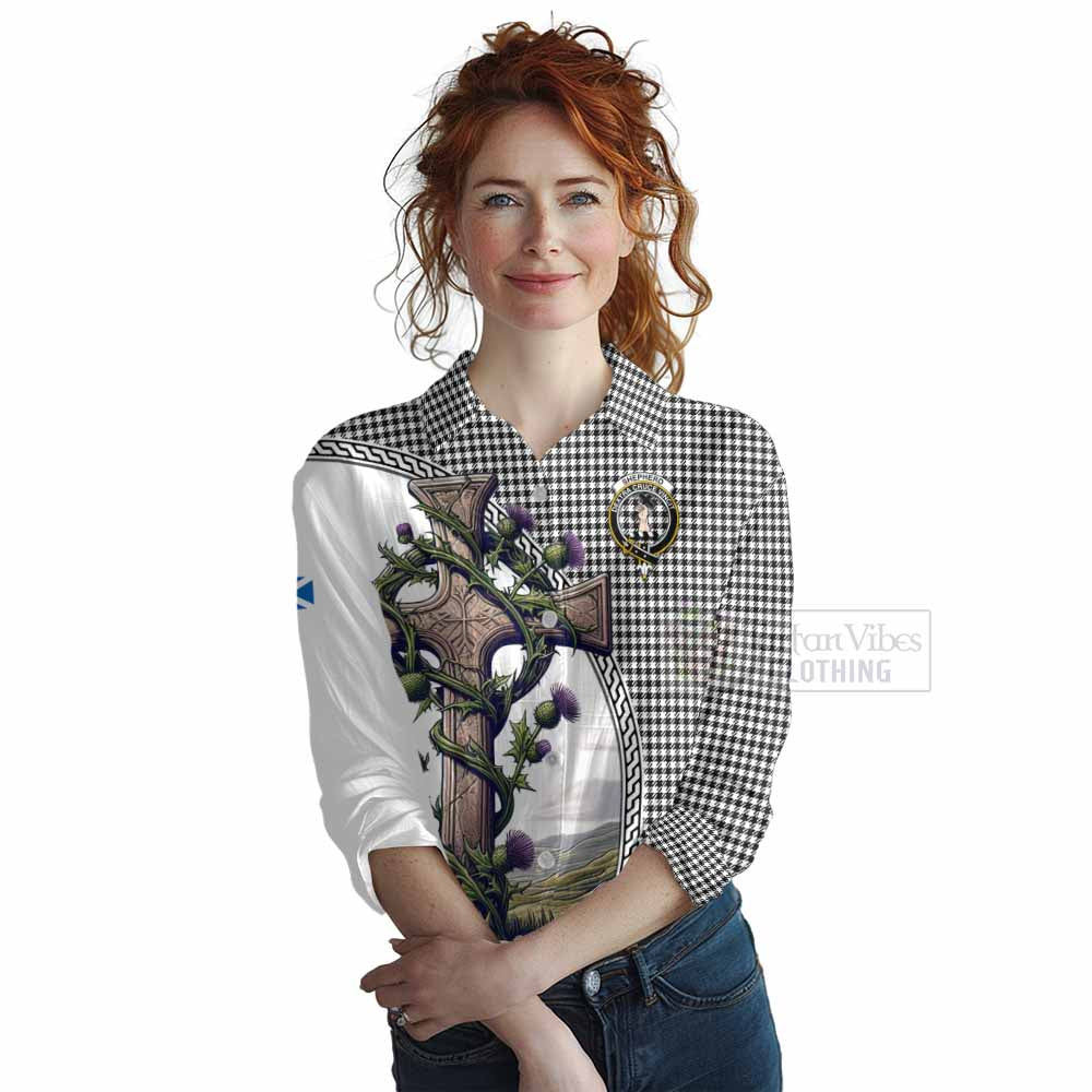 Tartan Vibes Clothing Shepherd Tartan Women's Casual Shirt with Family Crest and St. Andrew's Cross Accented by Thistle Vines