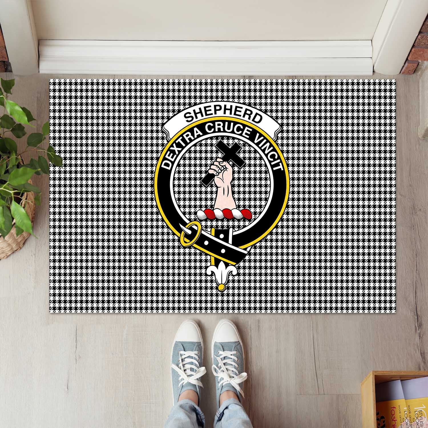 Shepherd Tartan Door Mat with Family Crest - Tartanvibesclothing Shop