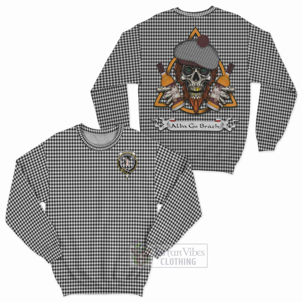 Tartan Vibes Clothing Shepherd Tartan Sweatshirt with Family Crest and Bearded Skull Holding Bottles of Whiskey