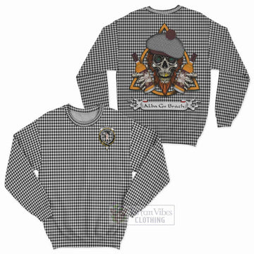 Shepherd Tartan Sweatshirt with Family Crest and Bearded Skull Holding Bottles of Whiskey